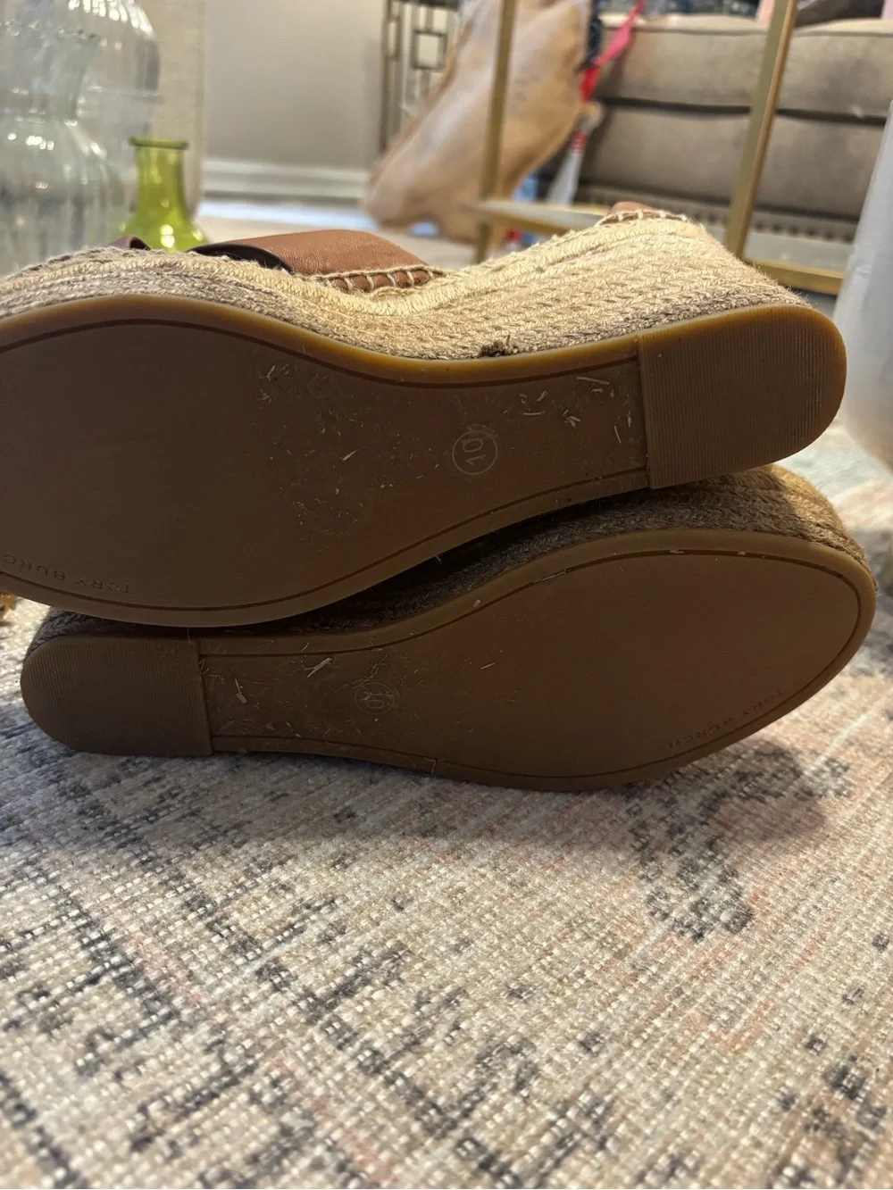 Tory Burch Cognac Leather Espadrille Wedge Sandals